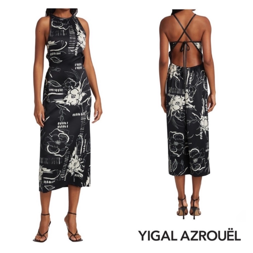 New! YIGAL AZROUEL Floral Silk Blend Open Back Midi Dress with Leather Accents